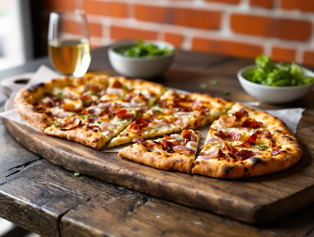 Frisch gebackener Flammkuchen mit Schmand, Speck und roten Zwiebeln auf einem Holzbrett