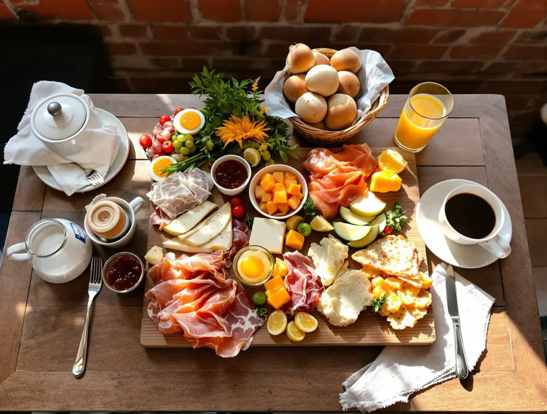 Reich gedeckter Frühstückstisch mit Wurst, Käse, Räucherlachs, Konfitüren, Brötchen, Kaffee und Orangensaft