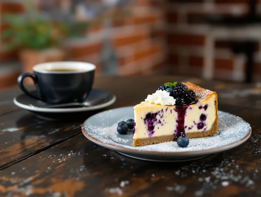 Ein Stück Blaubeer-Cheesecake mit Sahne und Beeren neben einer Tasse Kaffee