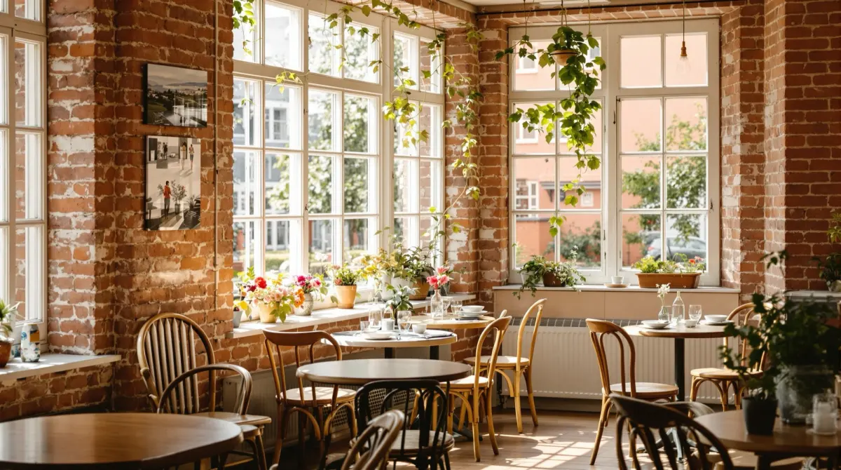 Der lichtdurchflutete Wintergarten des Calma mit Backsteinwänden, alten Sprossenfenstern und Blumen auf den Fensterbänken